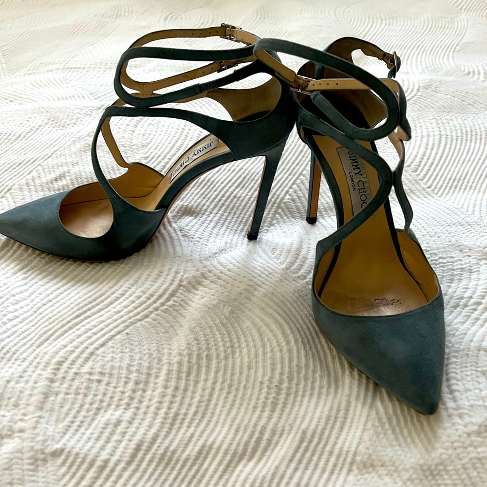 Jimmy Choo Lancer blue suede double buckle heels. Size 39.5